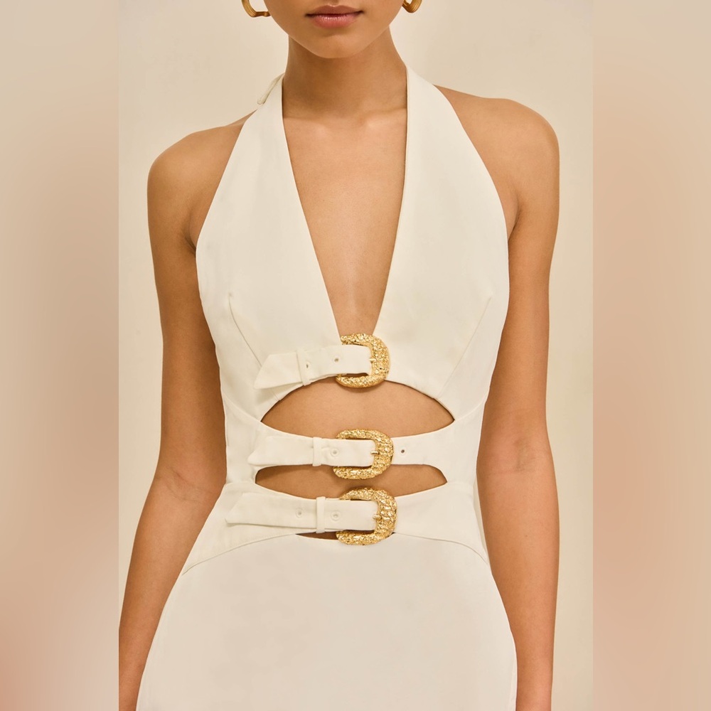 cult gaia Cream Strapless Halter Dress with Gold Buckles